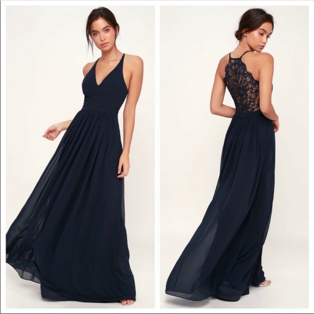 Lulu’s Love Spell Navy Blue Lace-Back Maxi Dress size Medium